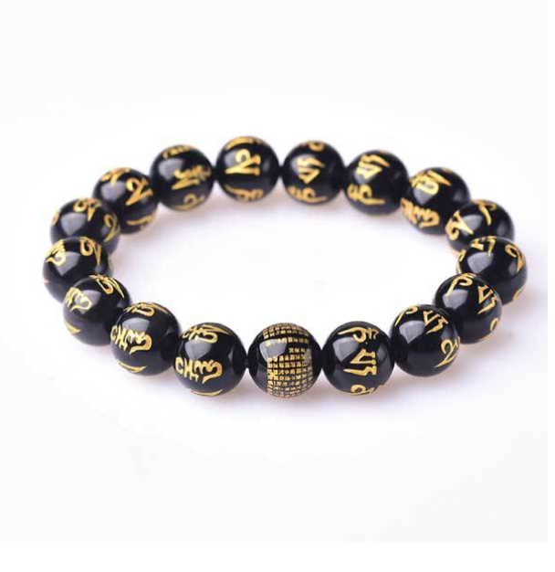 Bracelet Obsidienne Gravée Dorée