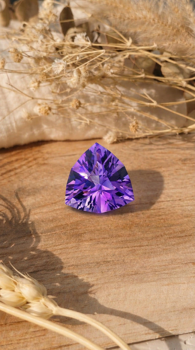 Améthyste naturelle facettée taille trillion de 7.60 carats réalisée par Malisa Bijoux