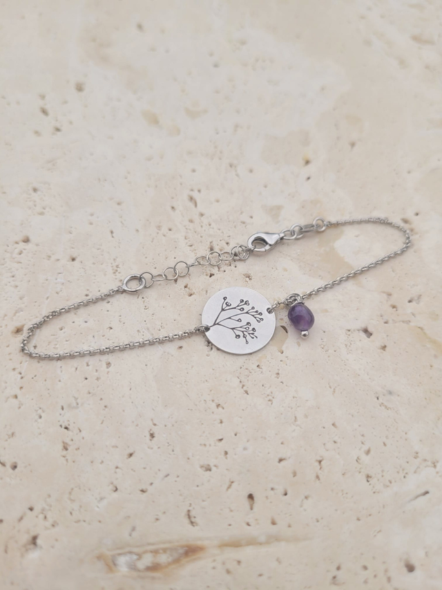 Bracelet en argent 925 avec améthyste brute et médaillon feuillage