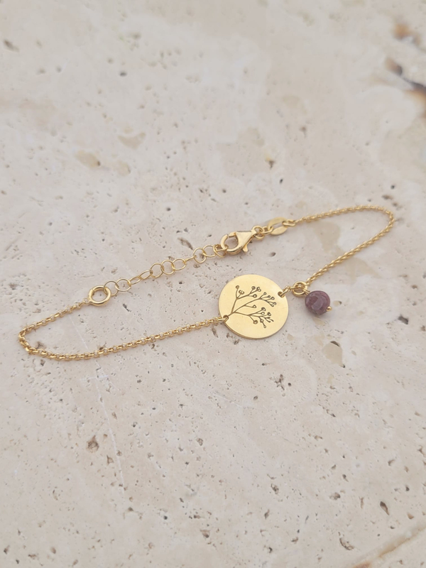 Bracelet en argent 925 doré avec tourmaline rose brute et médaillon feuillage