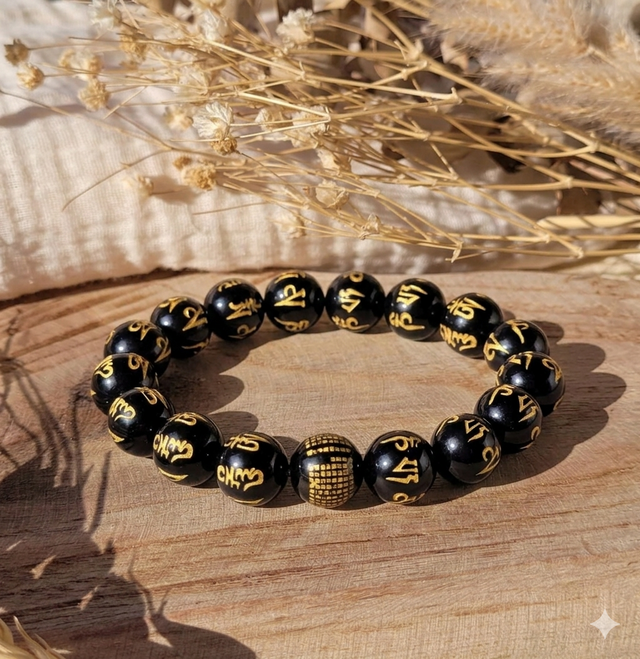 Bracelet en perles d’obsidienne gravée dorée naturelle 8 mm