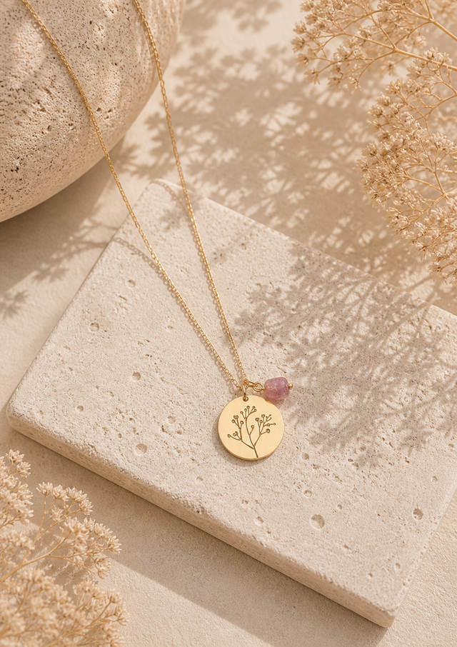Collier en argent 925 doré avec tourmaline rose brute et médaillon feuillage