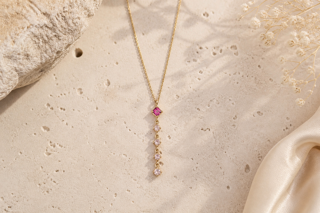 Collier en argent 925 doré avec grenat naturel et quartz rose