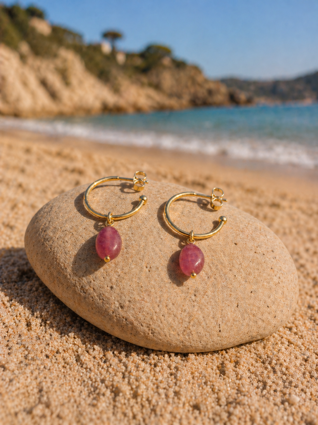Demi-créoles en argent 925 doré avec tourmaline rose naturelle